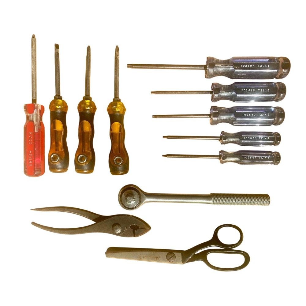 Vintage Hand Tools Lot 10 Piece Torx Screwdrivers Pliers Ratchet Scissors Garage